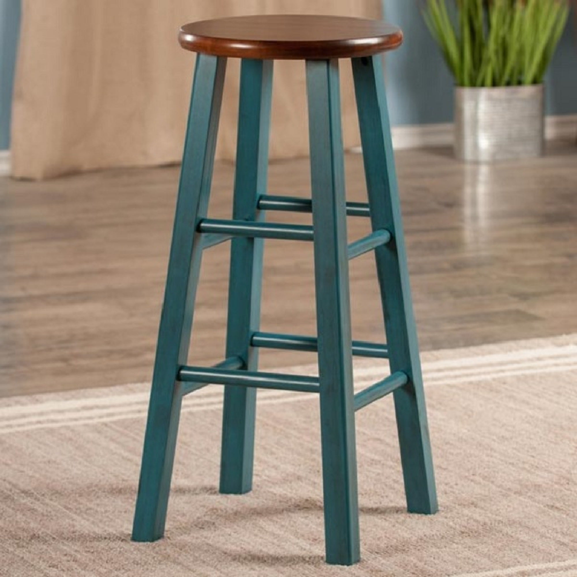 29” Teal Blue Round Counter Barstool with Walnut Seat