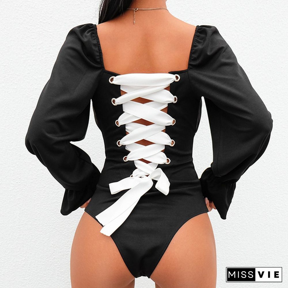 Spring Autumn New Fashion Women Bodysuit Jumpsuits Lace Up Long Sleeve Bottomings Overallls