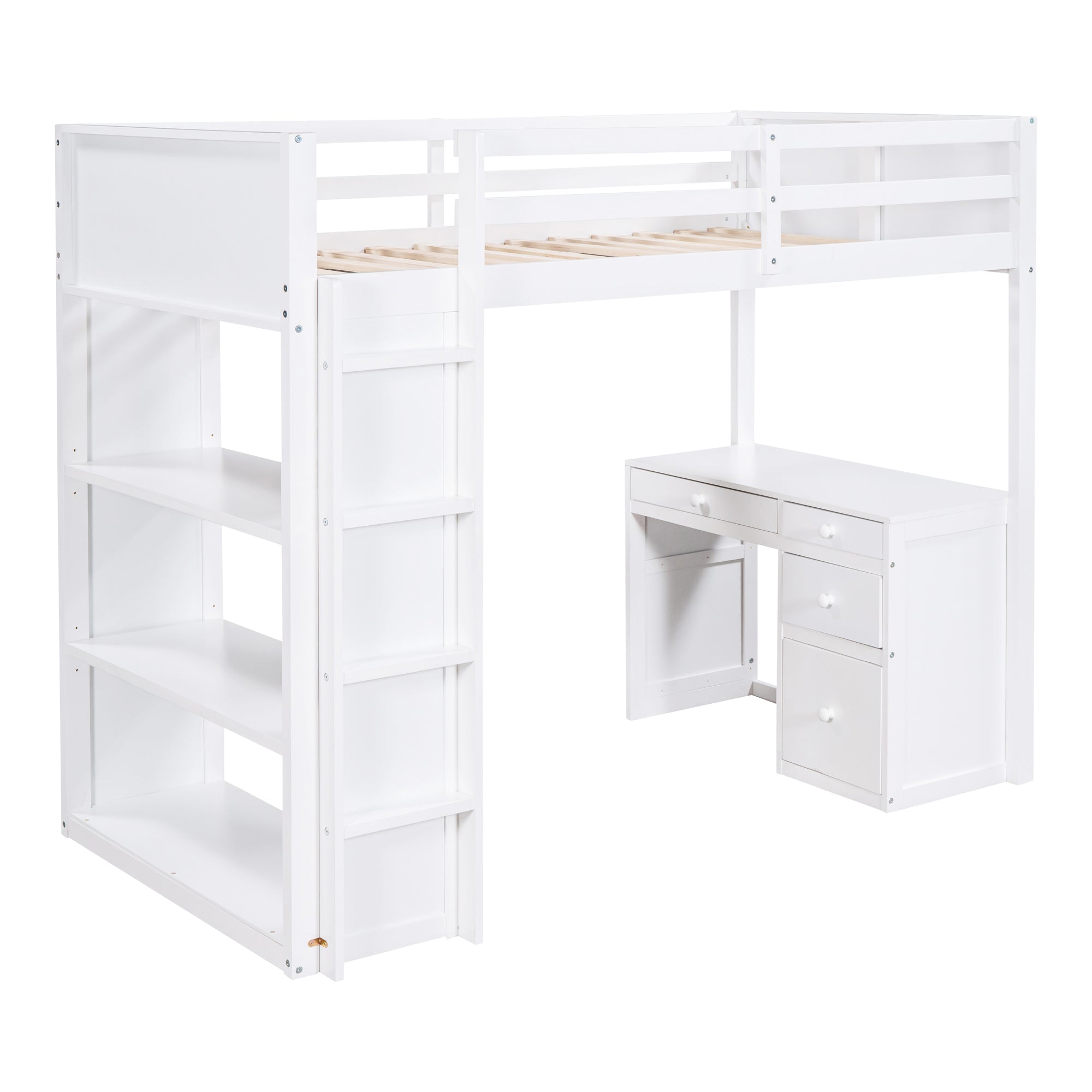 Bellemave Twin Size Kids Loft Bed with Desk and Shelves, Wood Loft Bed with Storage and Ladders for Kids, Teens, Junior (White)