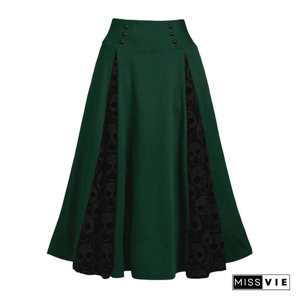 Women Plus Size Lace Patchwork High Waist Midi Skirt Gothic Pleated Skirt