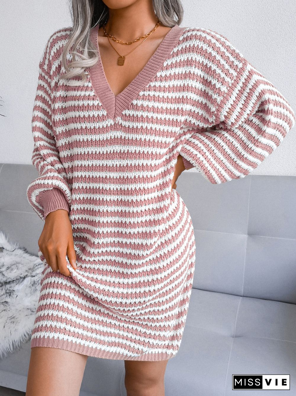 Winter Clothes Women Striped Hollow Wool Dress Long Sleeve Knitted Dress Casual Pullover Sweater Oversize Dress For Women