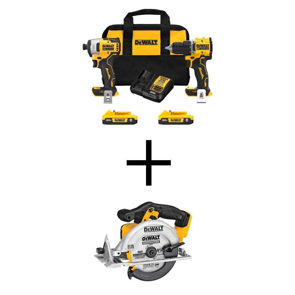 DW ATOMIC 20-Volt MAX Lithium-Ion Cordless Combo Kit (2-Tool) and 6.5 in. Circ Saw with (2) 2Ah Batteries Charger and Bag DCK225D2WCS391B