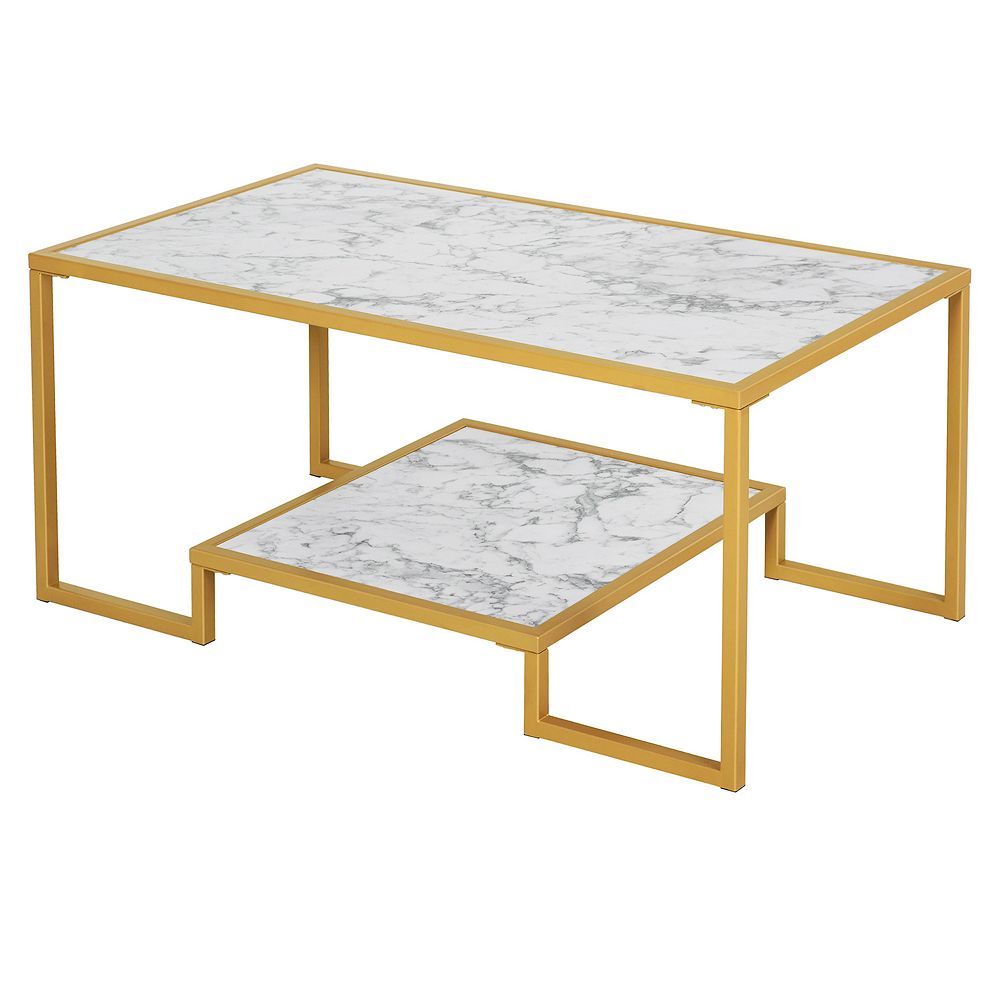 HOMCOM Minimalist Art Deco Coffee Table with Laminate Marble Print Table Top and Underneath Storage Shelf White and Gold