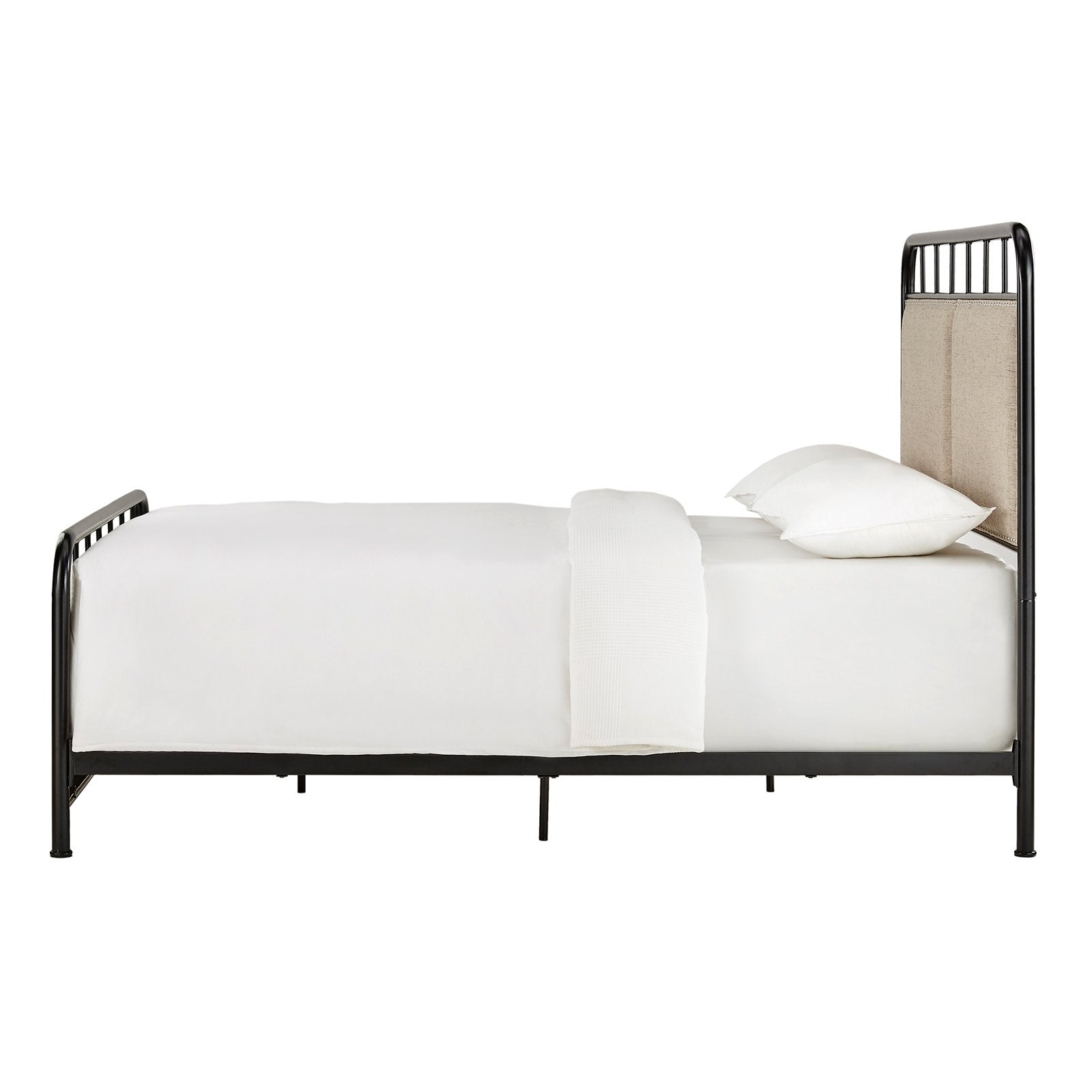 Weston Home Exton Black Metal Queen Bed with Beige Upholstered Headboard and Footboard