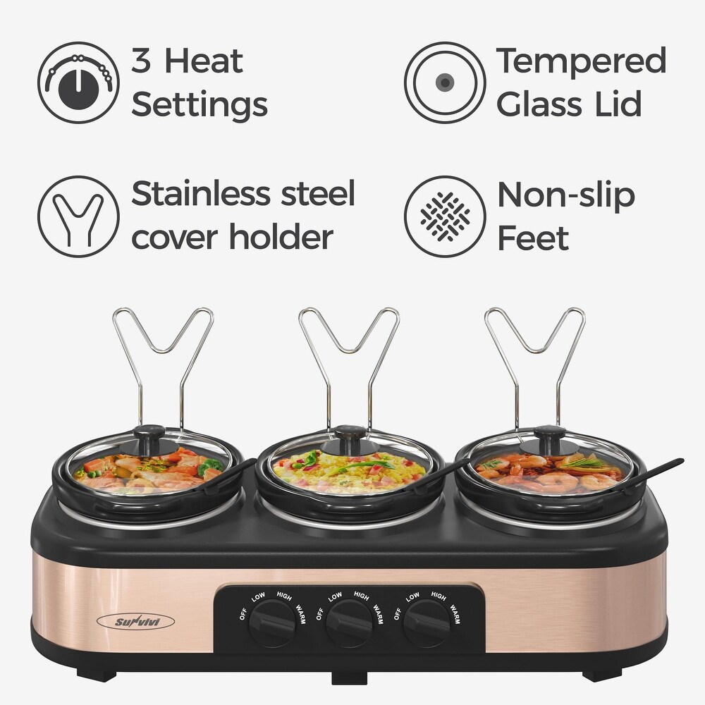 Triple Slow Cookers  3x1.5 Qt Food Warmer Adjustable Temp Buffet Server  Mini Crock Dips Pot  Glass Lid   Pot  with Lid Rests