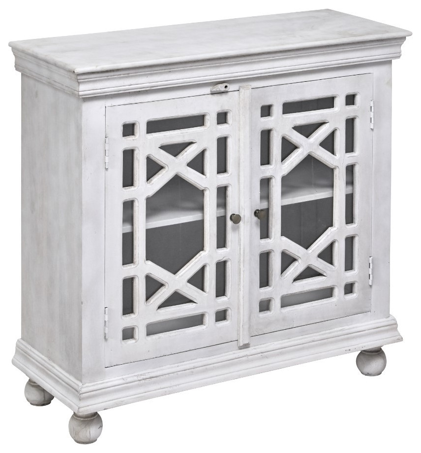 40 quotDistressed White Solid Wood Glass Trellis Doors Accent Cabinet   Farmhouse   Accent Chests And Cabinets   by Sideboards and Things  Houzz