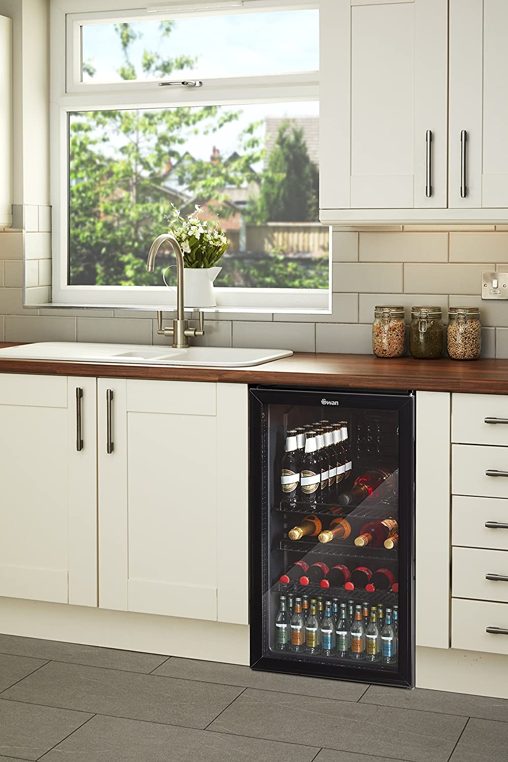 Swan 80L Glass Fronted Under Counter Fridge, Wine Beer and Beverage Cooler