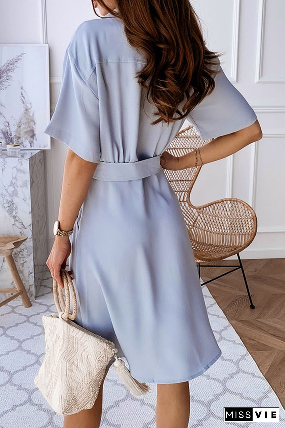 Casual Solid Buckle With Belt Turndown Collar Dresses