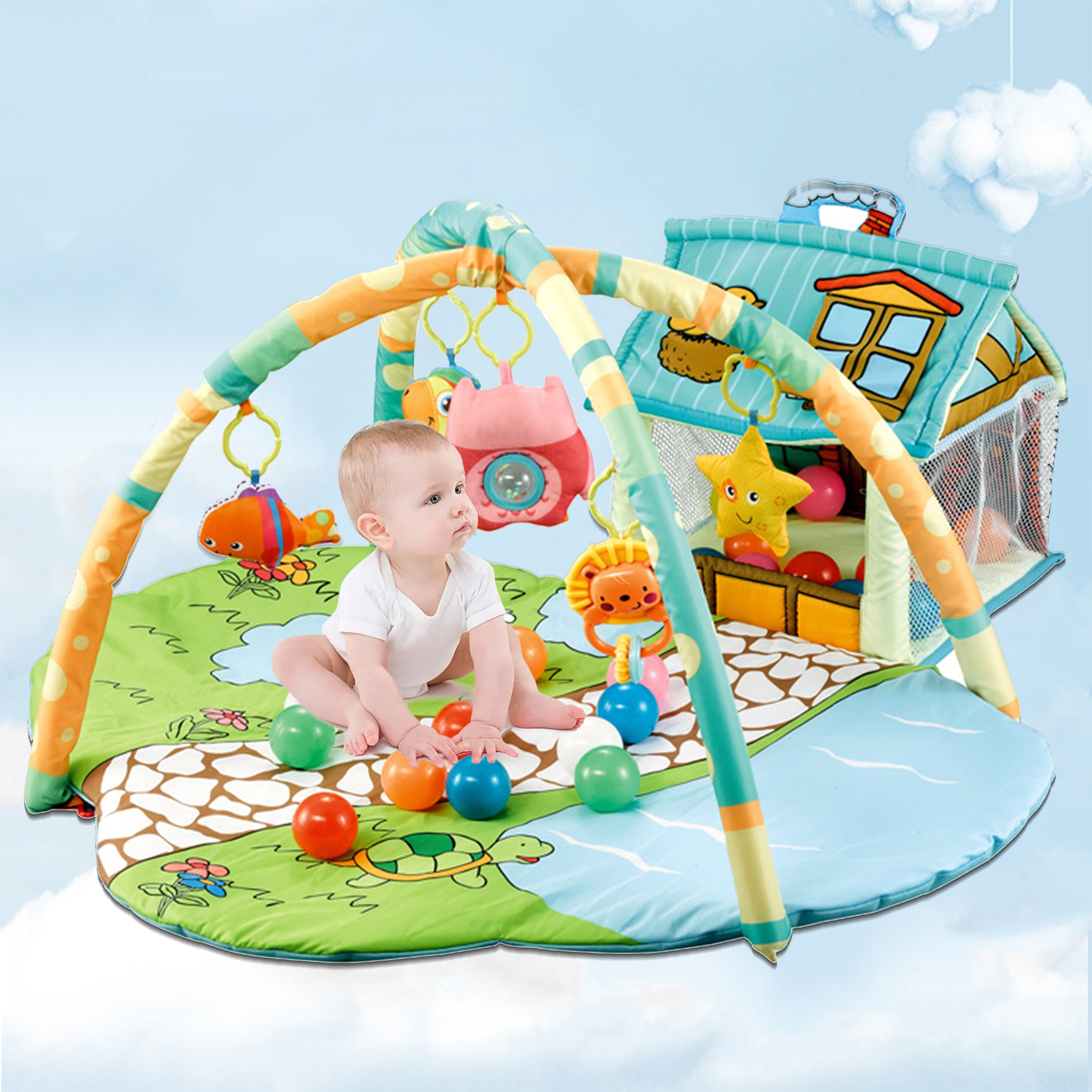 WZCPCV 3 in 1 Baby Infant Activity Gym Play Mat W/Hanging Toys，Baby Activity Gym and Play Mat，Baby Play Mat with Ball，Washable Baby Gym Mat