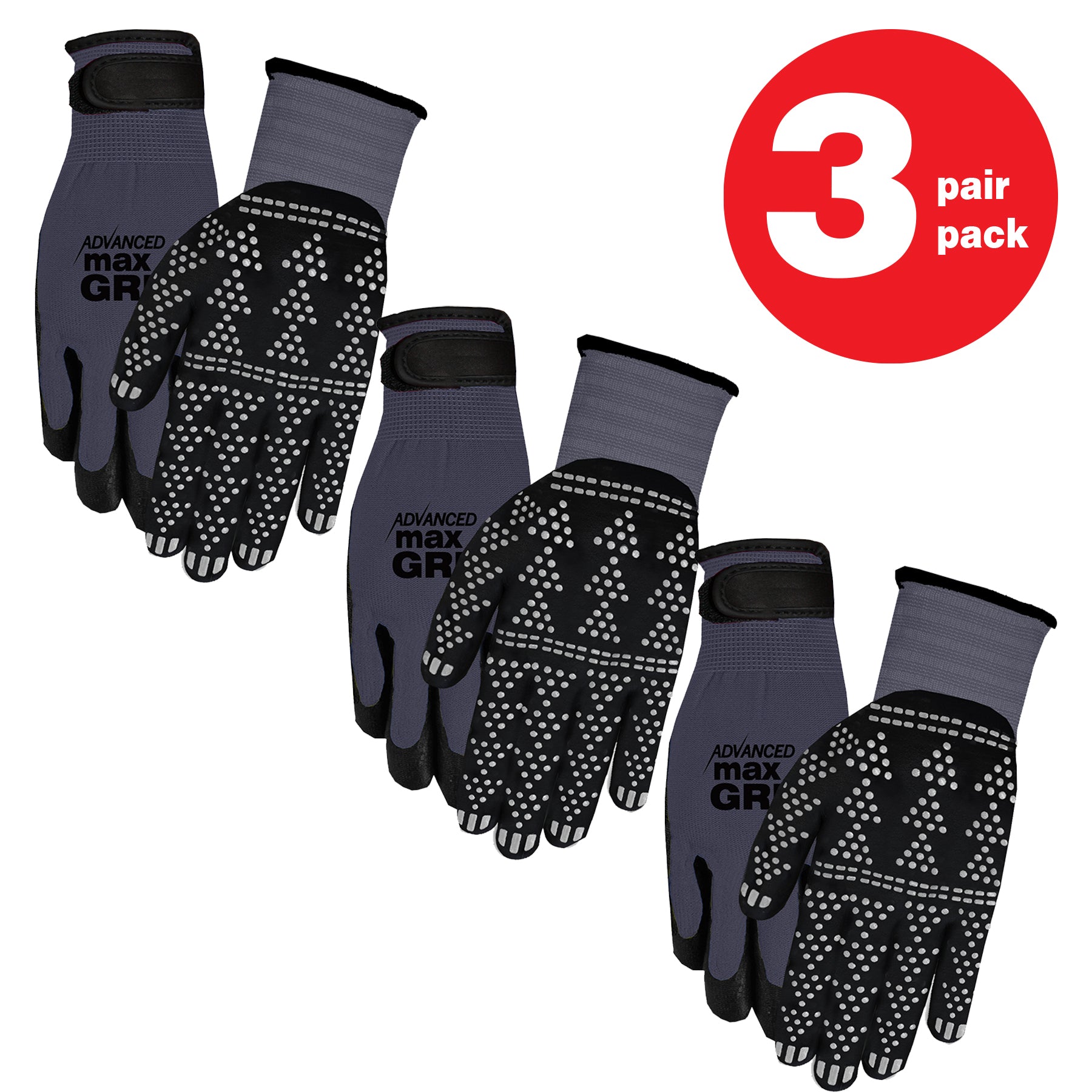 MidWest Gloves & Gear, Unisex, 3 Pack of Grey Advanced Max Grip™ Gloves, Size LX