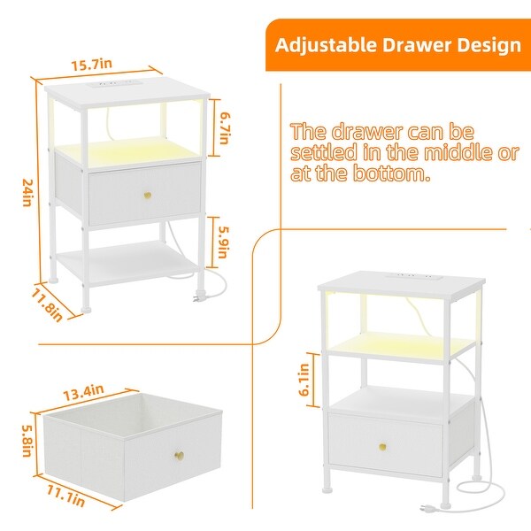 White Nightstand with Charging Station and LED Light for Bedroom Bedside with Adjustable Fabric Drawer 3Tier End Table