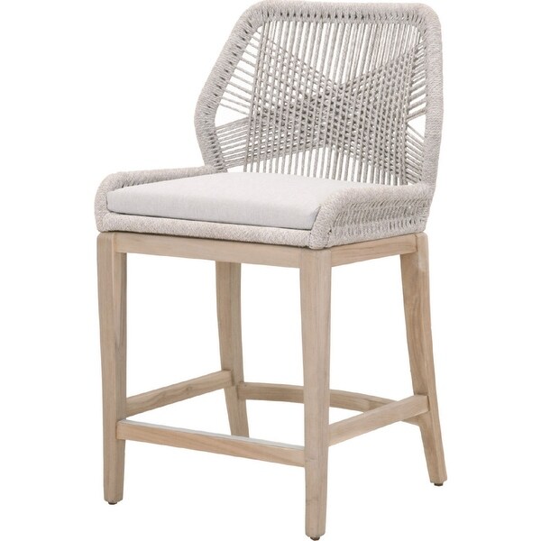 Counter Stool with Rope Back and Wooden Legs， Gray and Brown