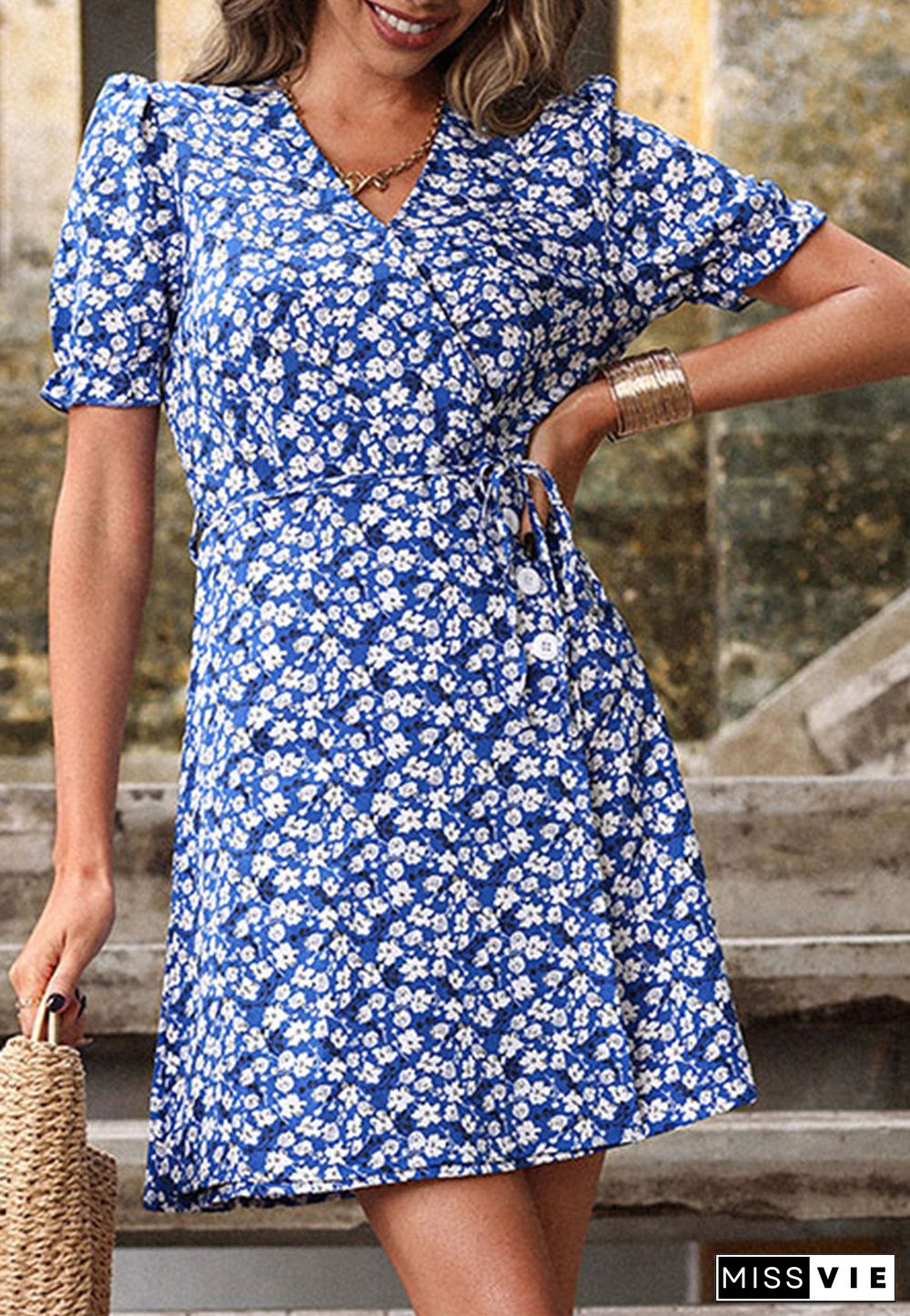 Floral Button Detail Wrap Dress