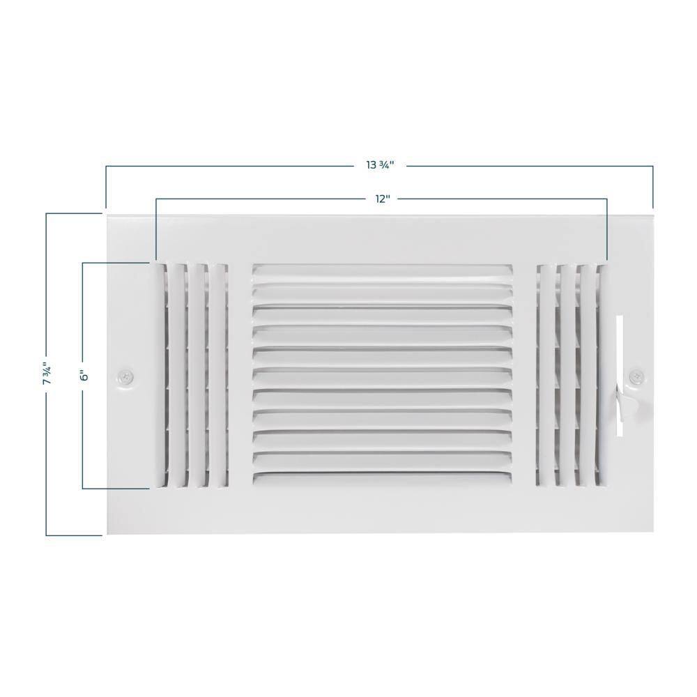 EZ-FLO 12 in. x 6 in. 3-Way Steel WallCeiling Register  White 61615