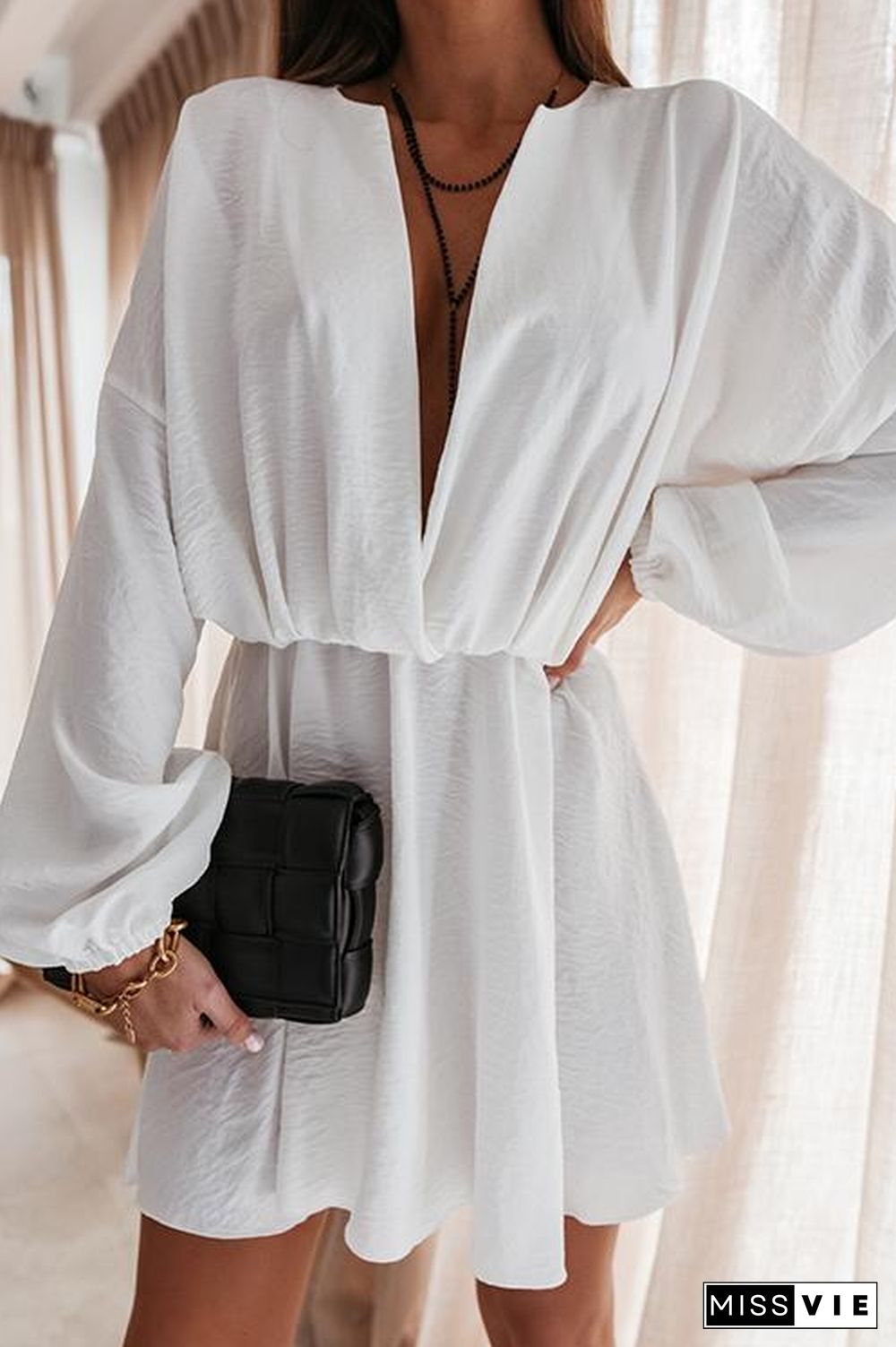 V Neck Loose Long Sleeve Mini Dress