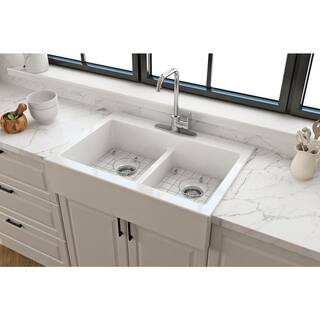 Glacier Bay Farmhouse Apron-Front Fireclay 34 in. 3-Hole Double Bowl Kitchen Sink in White with Bottom Grid 3ABRB-01-001