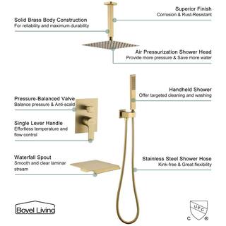 Boyel Living Ceiling Mount Single-Handle 1-Spray Tub and Shower Faucet in Brushed Gold - 10 Inch (Valve Included) SMD-88019BG-10