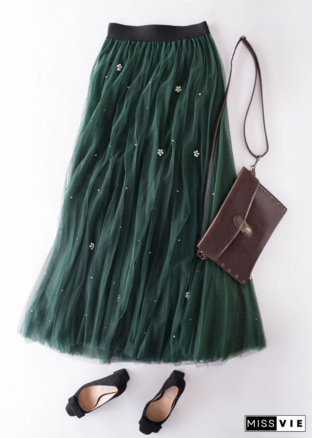 French Green Wrinkled Patchwork High Waist Tulle Skirt Spring