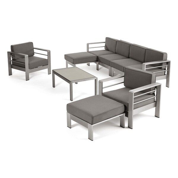 Cape Coral Outdoor 6Seater Aluminum Sectional Sofa Set with Ottomans and Coffee Table by Christopher Knight Home