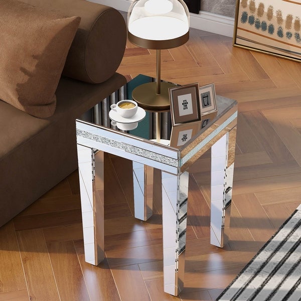 Glass Mirrored Side Table End Table with Adjustable Height Legs