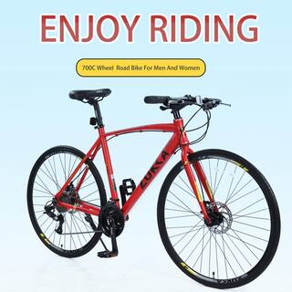 28 in. 27 Speed Aluminum Red Hybrid Bike Disc Brake 700C Road Bike For Men Women GM-LH-153