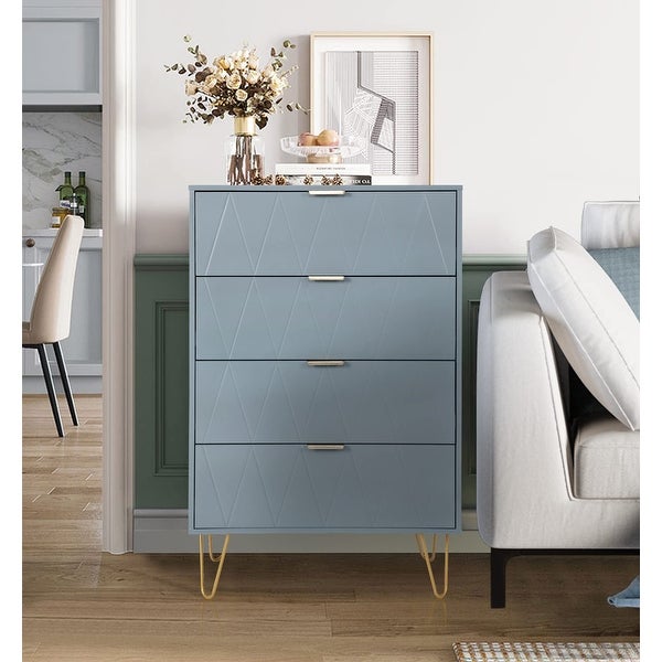 Blue Dresser for Bedroom with 4 Drawers， Modern Tall Chest of Drawer Wooden Storage Cabinet Organizer - as picture - - 37668913