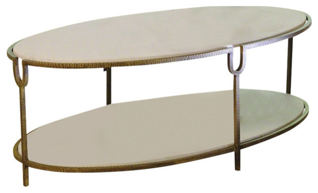 Hammered Gold Iron Marble Classic Oval Coffee Table  Shelves Stone White Luxe   Transitional   Coffee Tables   by My Swanky Home  Houzz