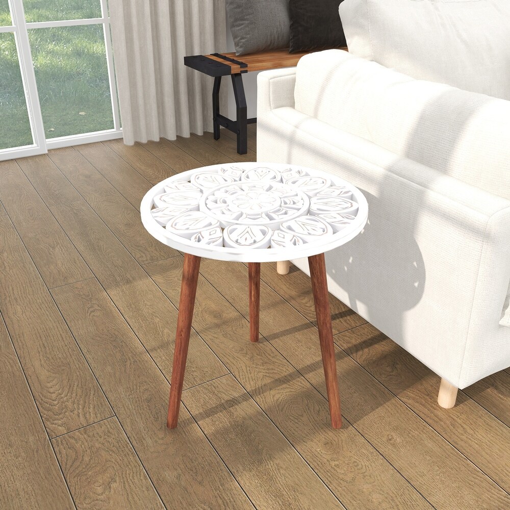 Wood Handmade Intricately Carved Floral Accent Table with 3 Slender Legs