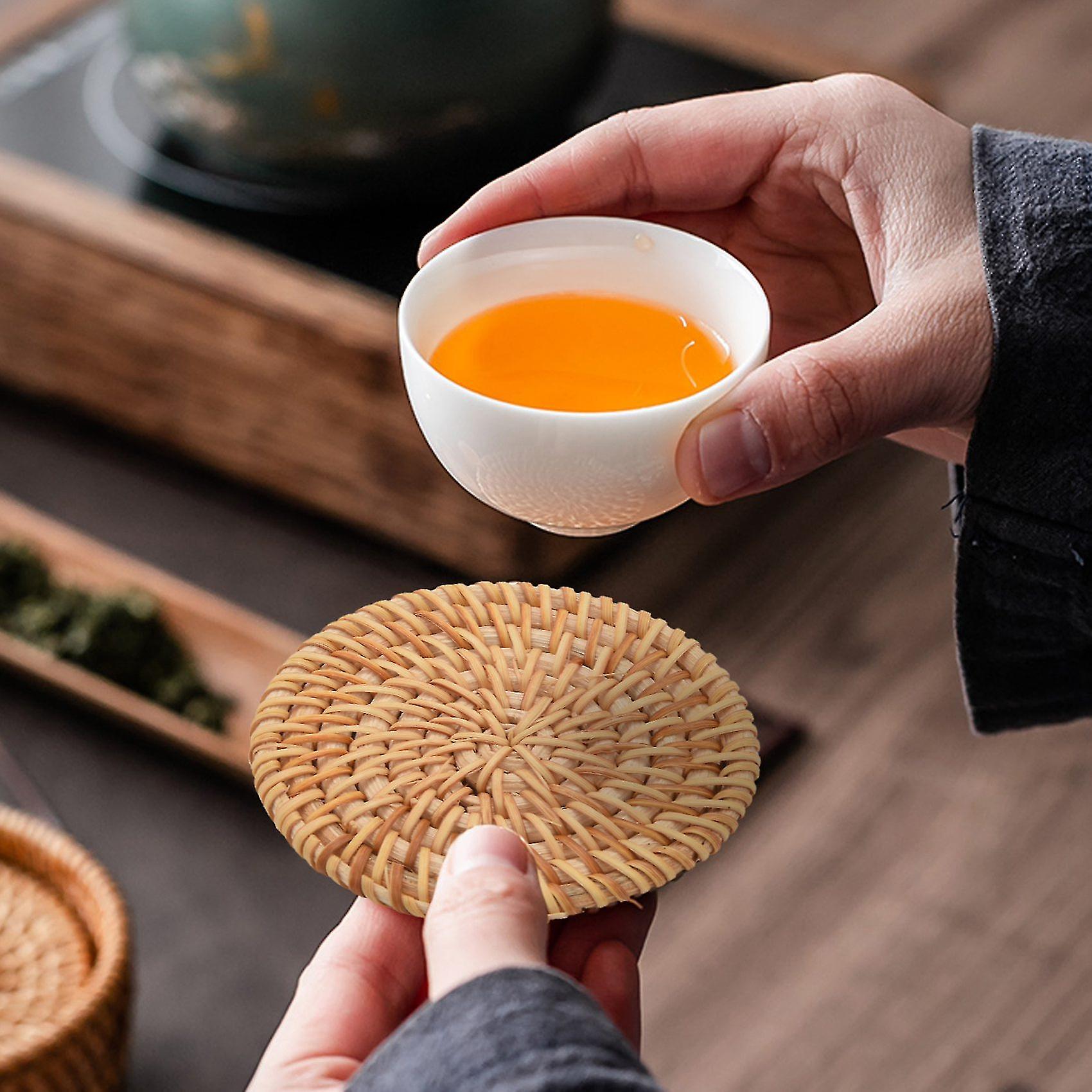 6pcs/ Drink Coasters Set For Kungfu Tea Accessories Round Tableware Placemat Dish Mat Rattan Weave