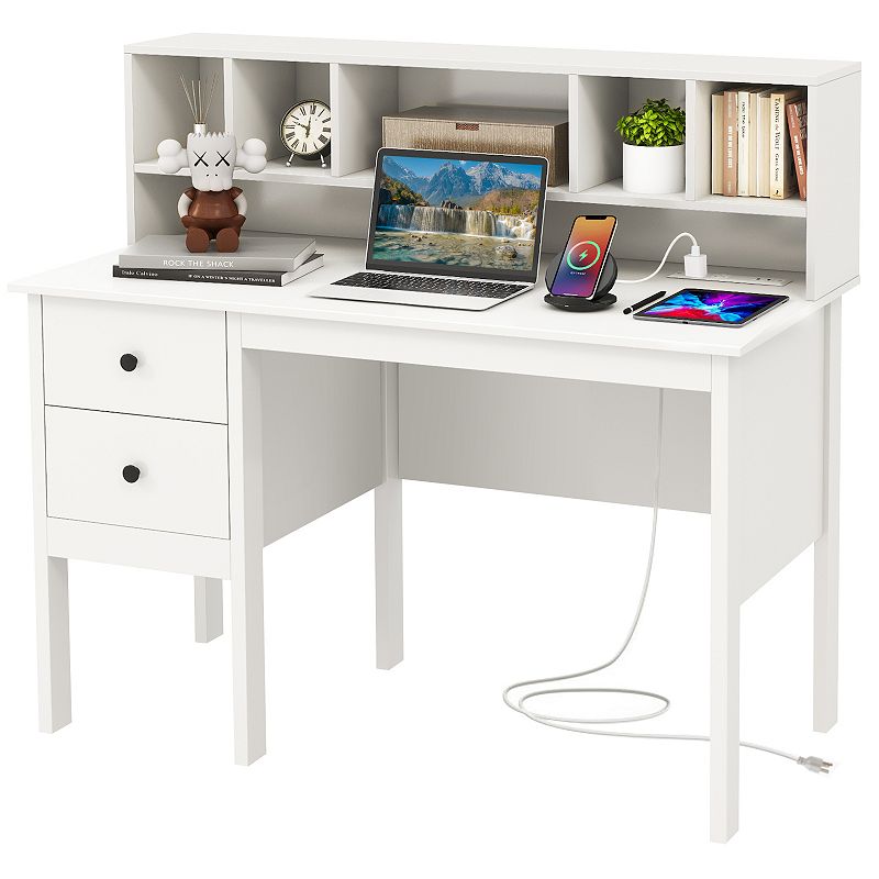 48 Inch Computer Desk With Drawers Power Outlets And 5-cubby Hutch