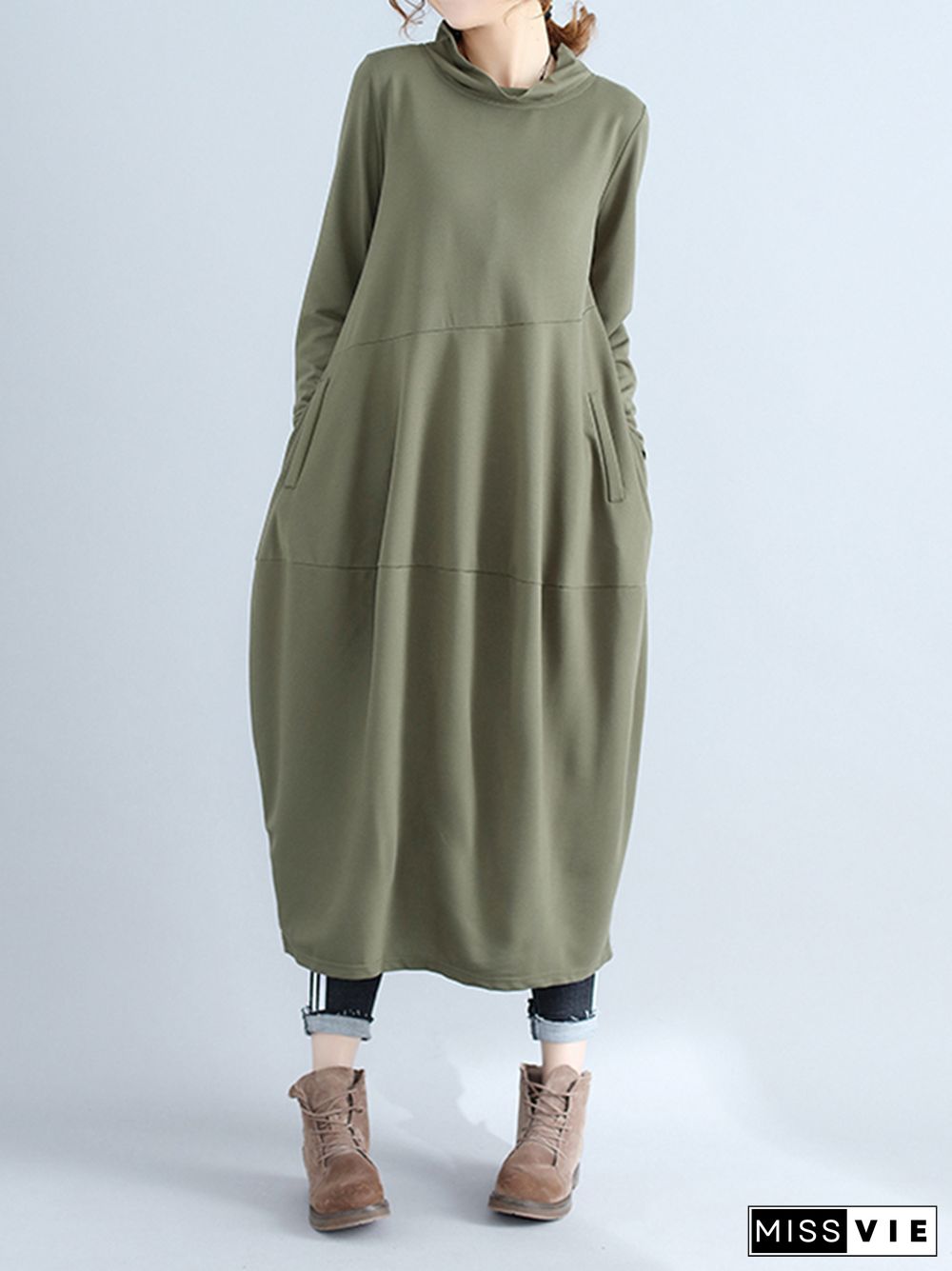 Casual Loose Plus Size Solid Color Hooded Midi Dresses