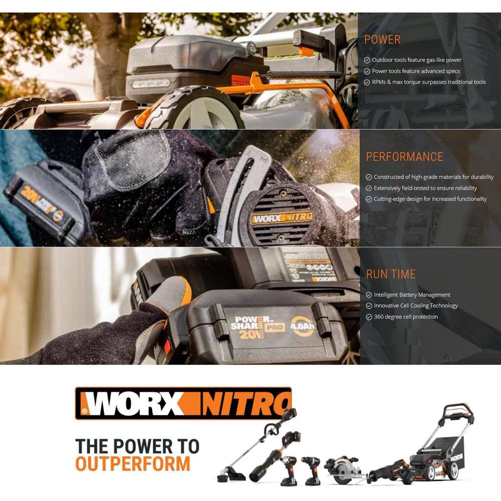 Worx Power Share Nitro 40V Cordless 20in. 4Ah Push Mower wMulching Side Discharge Brushless (Batteries  Charger Included) WG751.3