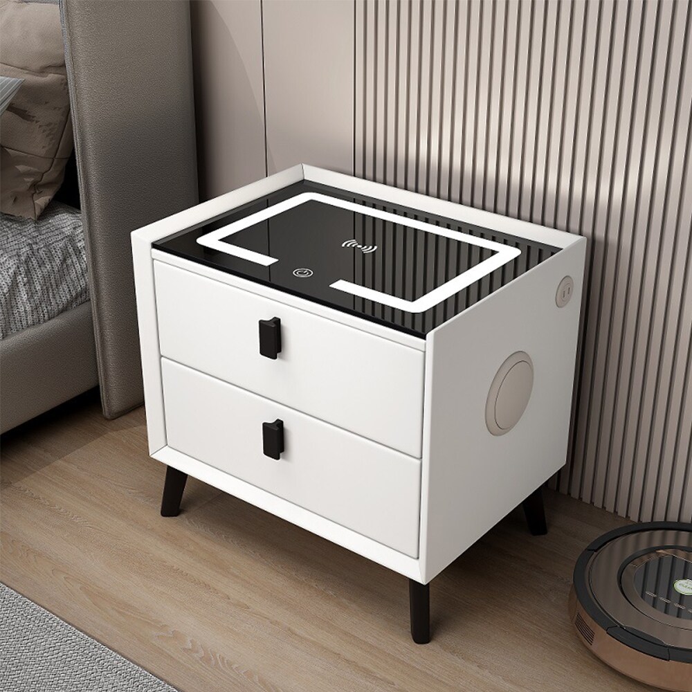 Solid Wood Smart Nightstands with Wireless Charging Station  USB Port  3 Color LED Lights and Speaker