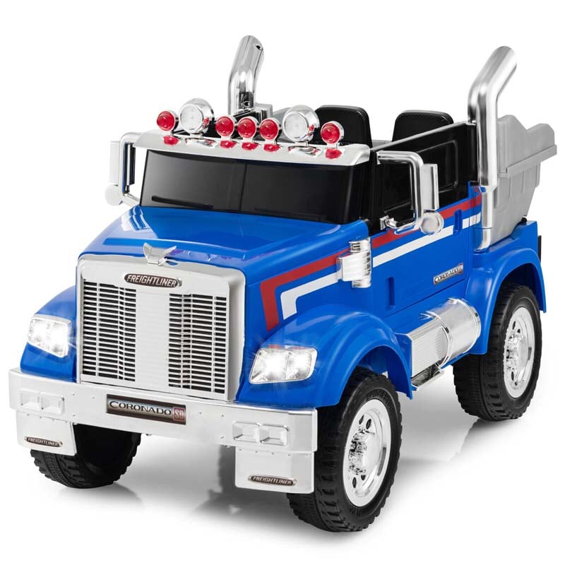 12V Licensed Freightliner Kids Ride On Truck, Battery Powered Trailer RC Riding Toy Car with Dump Box & Lights