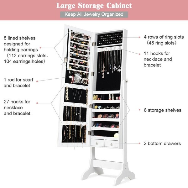 Lockable Mirrored Jewelry Cabinet Armoire Storage Organizer Box-White - White - 18'' x 14.5'' x 61.5'' (L x W x H) - - 37796226