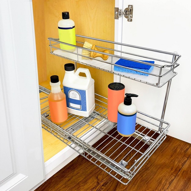 X 21 quot Slide Out Under Sink Cabinet Organizer Pull Out Two Tier Sliding Shelf