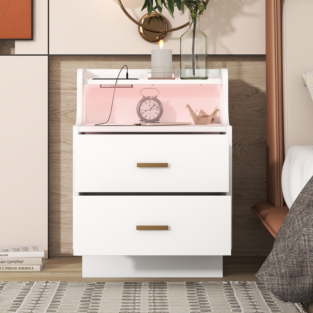 Multifunctional Nightstand with 2 Drawers  Shelf with USB Charging Design  Color Changing LED