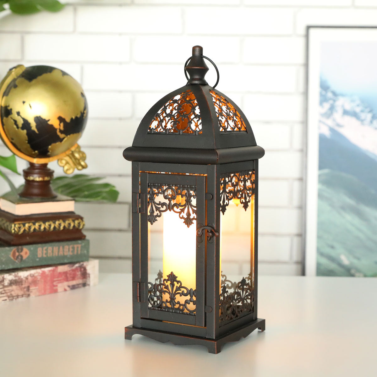 JHY DESIGN 15''H Metal Vintage Candle Lanterns for Home Patio Garden (Black)