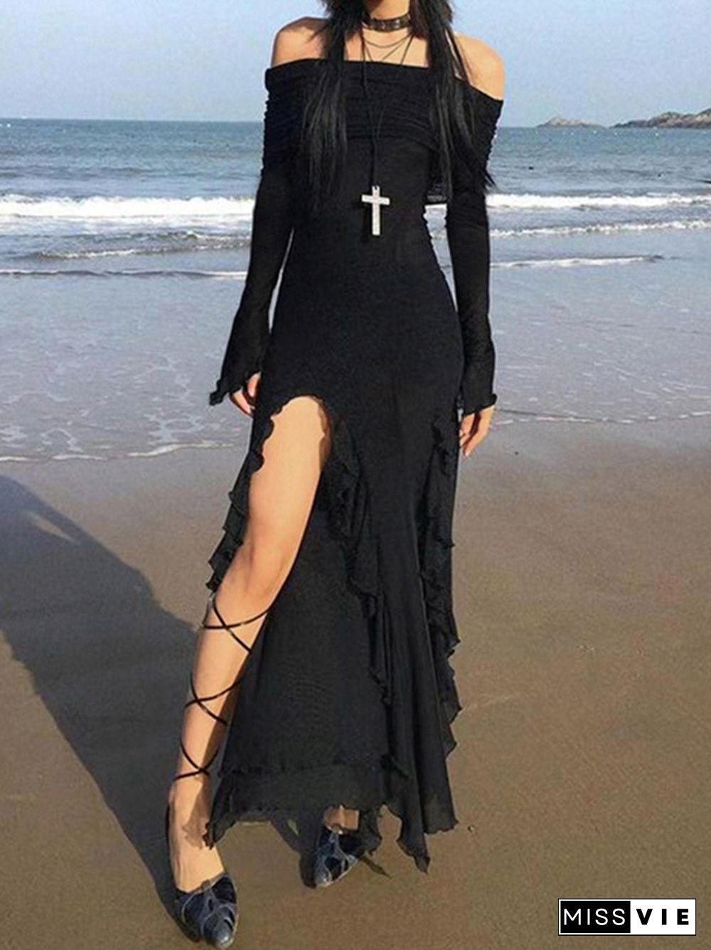 Off Shoulder Ruffle High Slit Maxi Dress