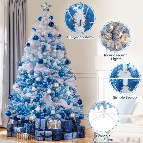 7.5ft Prelit Artificial Christmas Tree with 550 Incandescent Warm White Lights，Snow Flocked Full Prelighted Xmas Tree