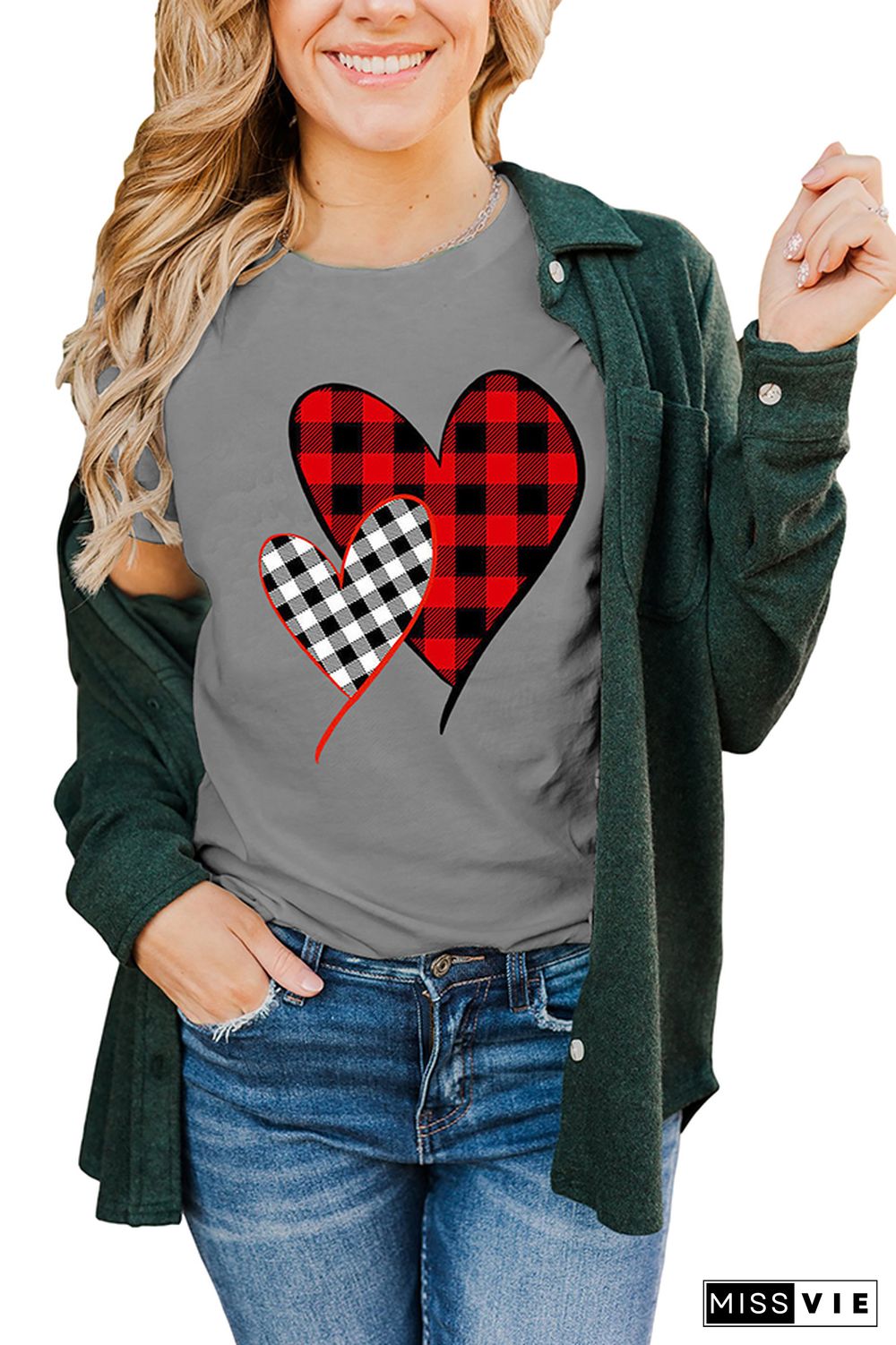 Valentine's Day Plaid Heart Print Short Sleeve Graphic Tee Wholesale