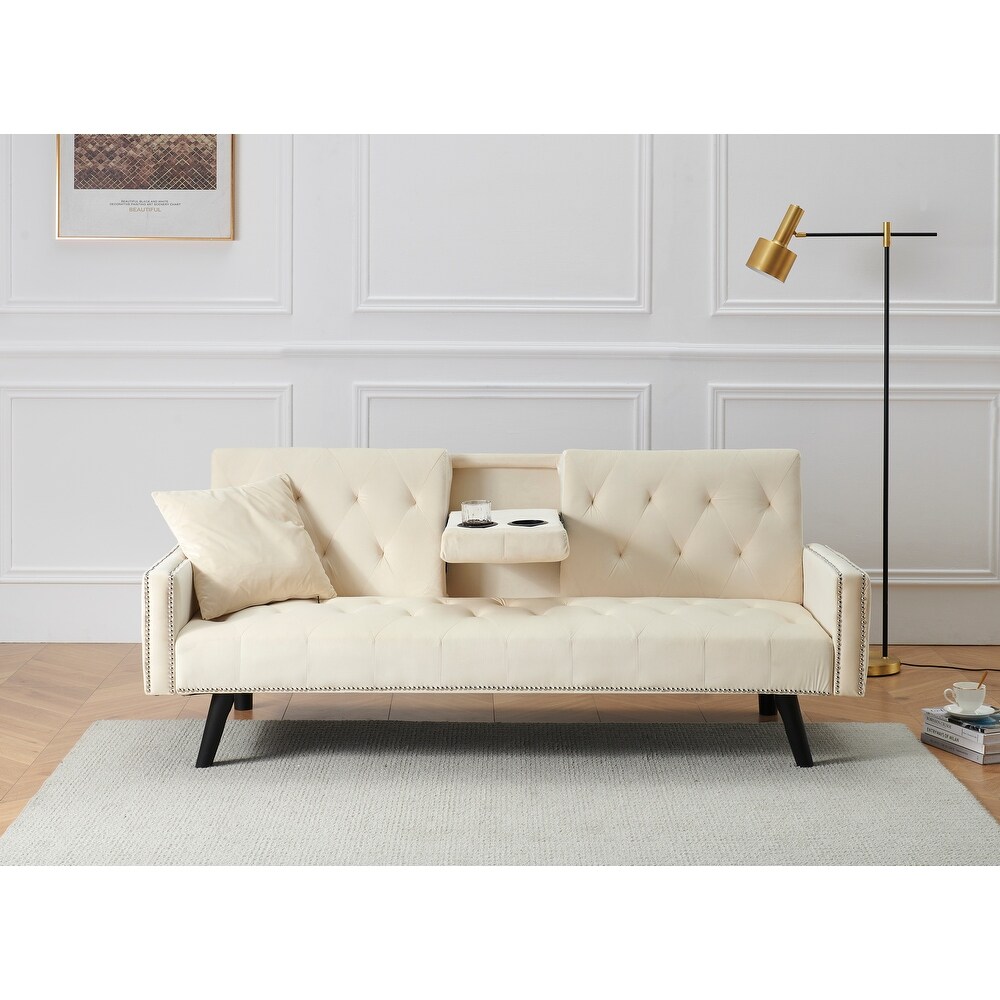 Modern Tufted Back Sofa Velvet Sleeper Sofa Bed Livingroom Adjustable Back Sofa Bed with Nail Head Trim   2 Cup Holders