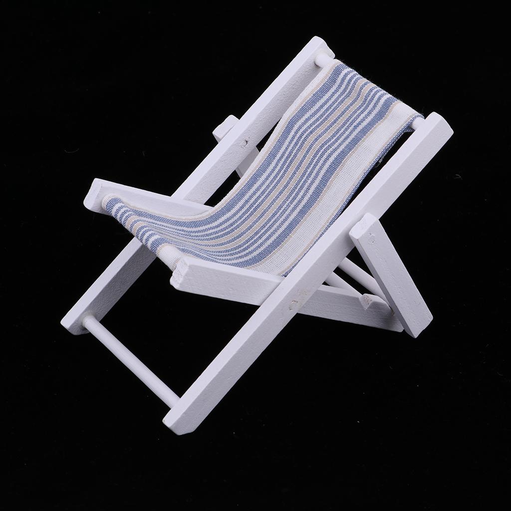 1:6 Dollhouse Mini Foldable Wooden Beach Chair Chaise Longue Outdoor Furniture Accessories (Irregular Stripe)