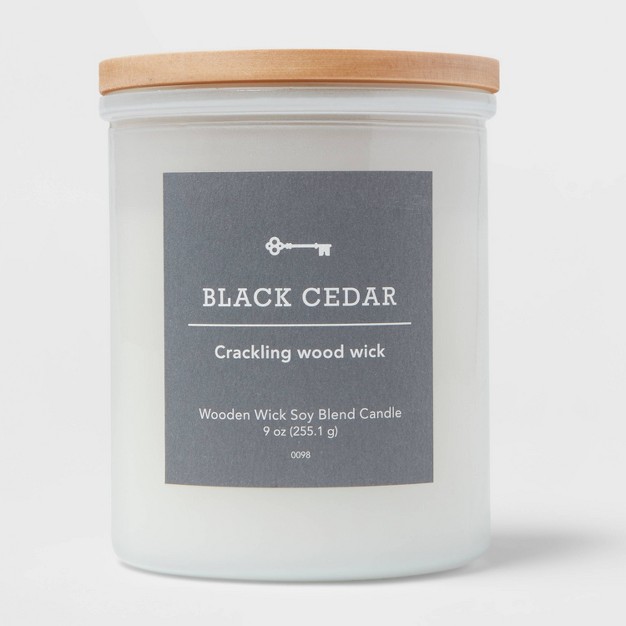 Milky White Glass Black Cedar Lidded Wooden Wick Jar Candle 9oz