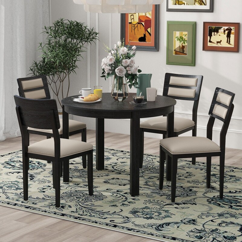 Farmhouse Style 5 Piece Multifunctional Dining Set with Extendable Round Table  Two Drawers and 4 Upholstered Dining Chairs