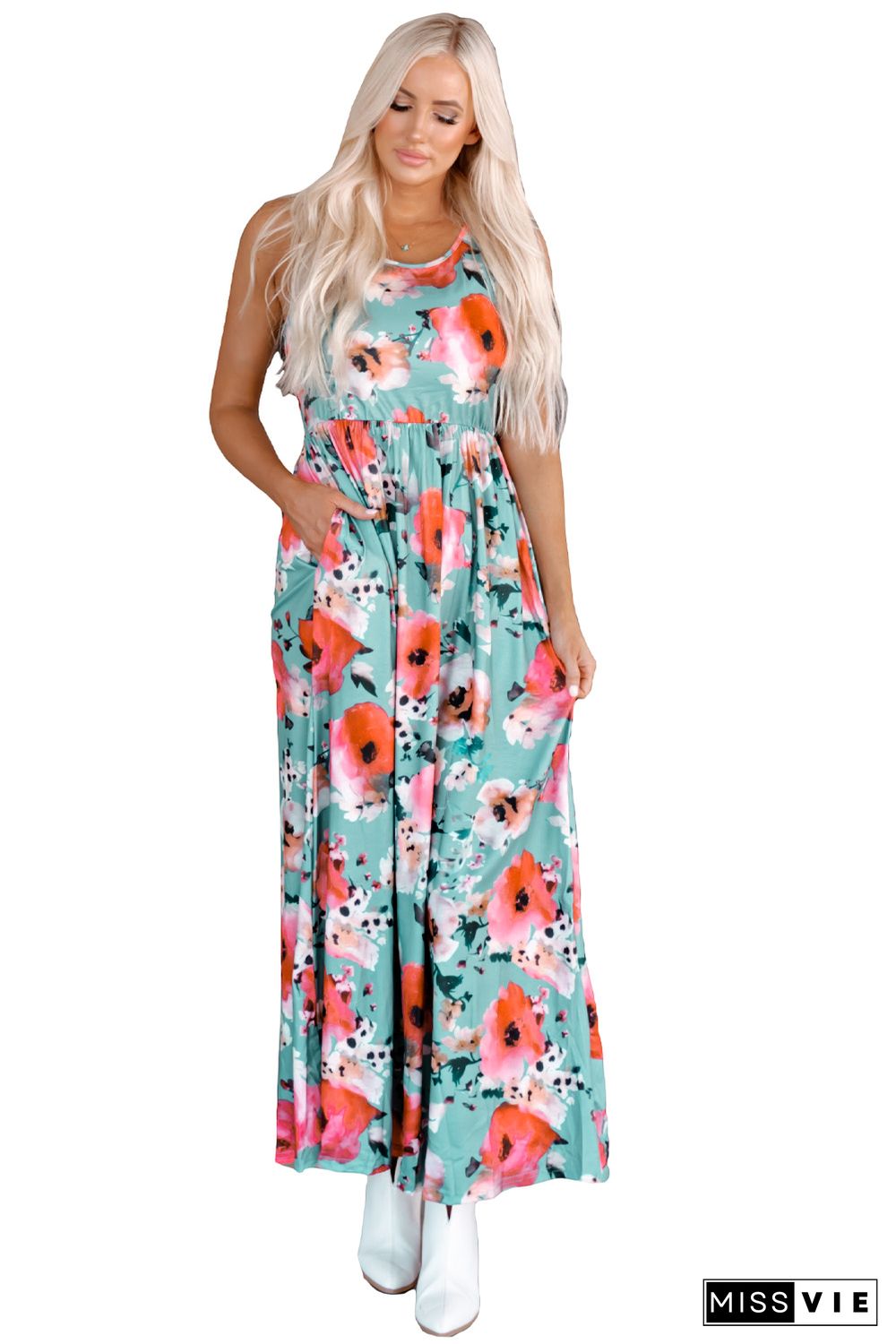 Sky Blue Boho Print Sleeveless High Waist Long Floral Dress