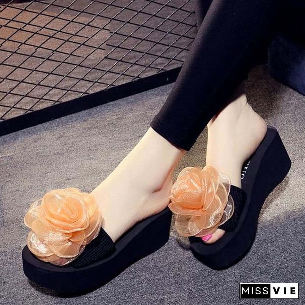 Women Flowers Platform Sandals Slippers High Heel Flip-flops Beach Shoes