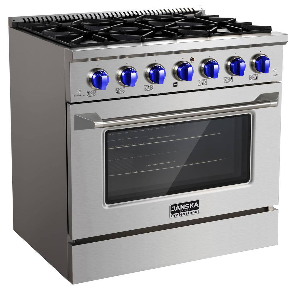 JANSKA Professional 36 in. 5.2 cu. ft. Gas Range with 6 Burners Convection Oven in Stainless Steel with 2 Sets of Knobs GR-600 SSB