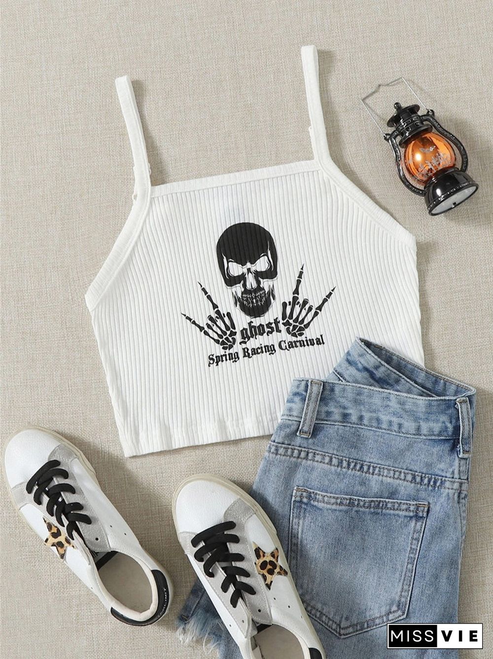 Gothic Graphic Letter Skull Print Rib Knit Crop Top Women White Punk Street Style Apaghetti Strap Bodycon Cami Top Streetwear