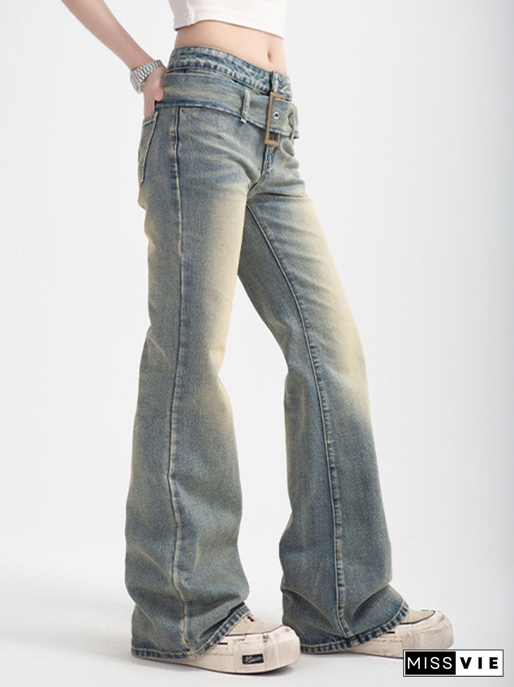 Vintage Distressed Belted Flare Jeans